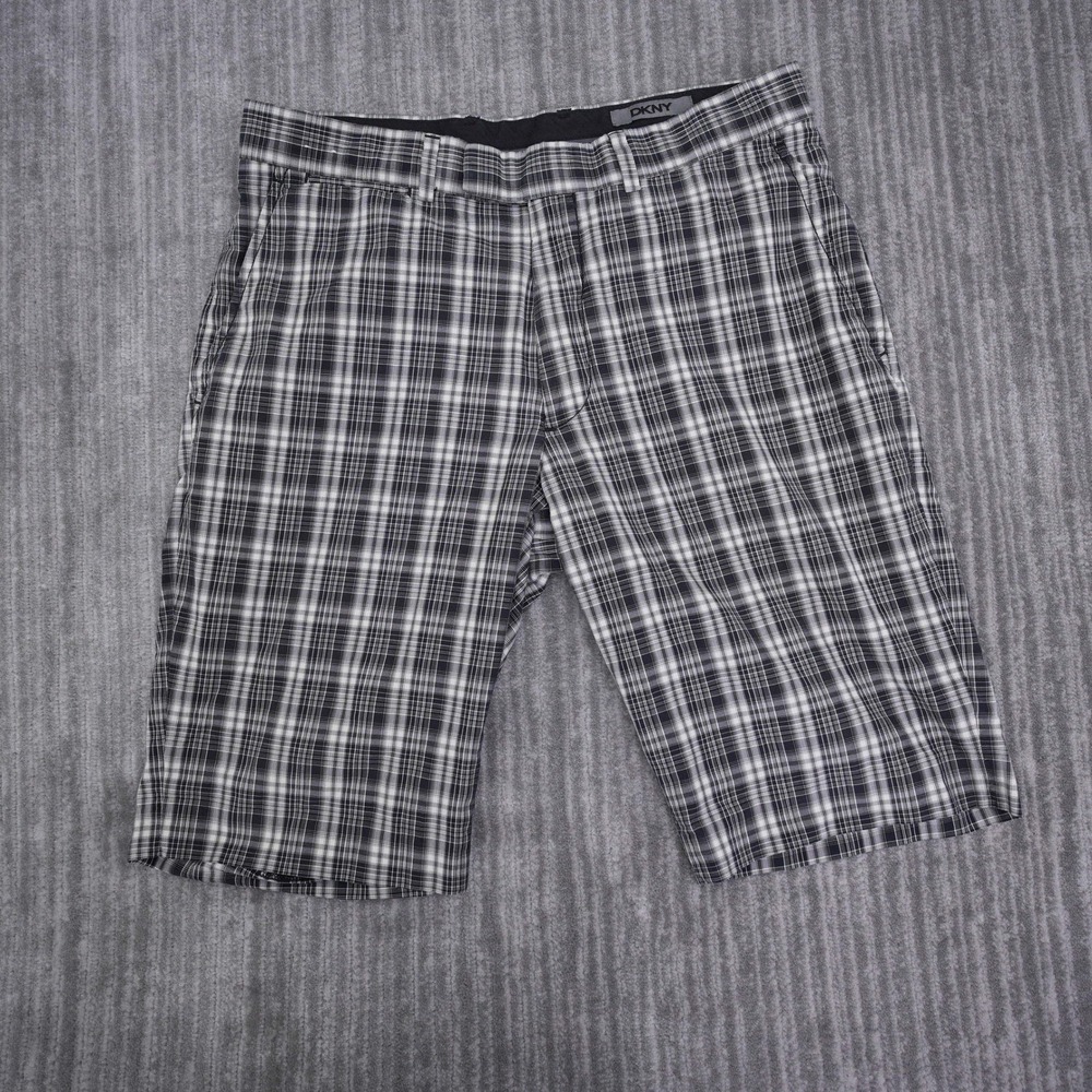 DKNY Mens Plaid Flat Front Shorts Black White Cotton Size 32x11 Casual Golf‎
